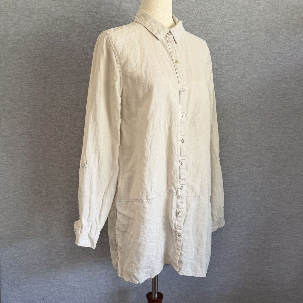 Tahari Linen Tunic Top Size L Beige Euro Summer Coastal Grandma Longline Shirt
